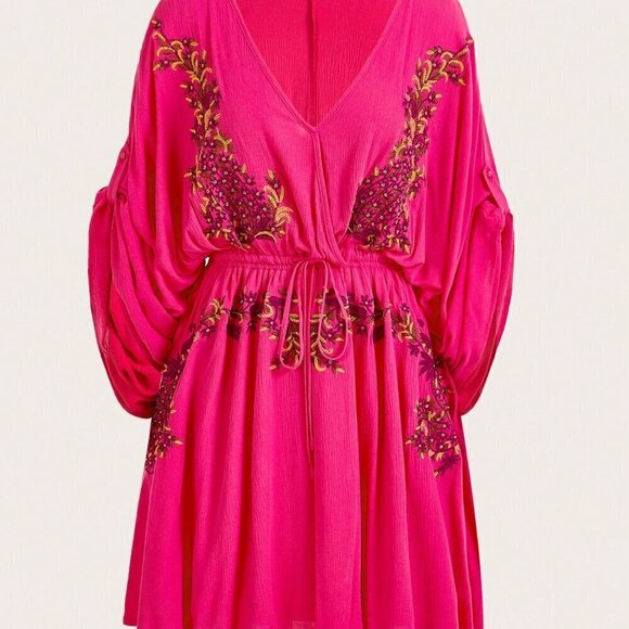 Hot Pink Boho Women's Deep V-Neck Floral Embroidered Batwing Sleeve Dress - Picture 11 of 12